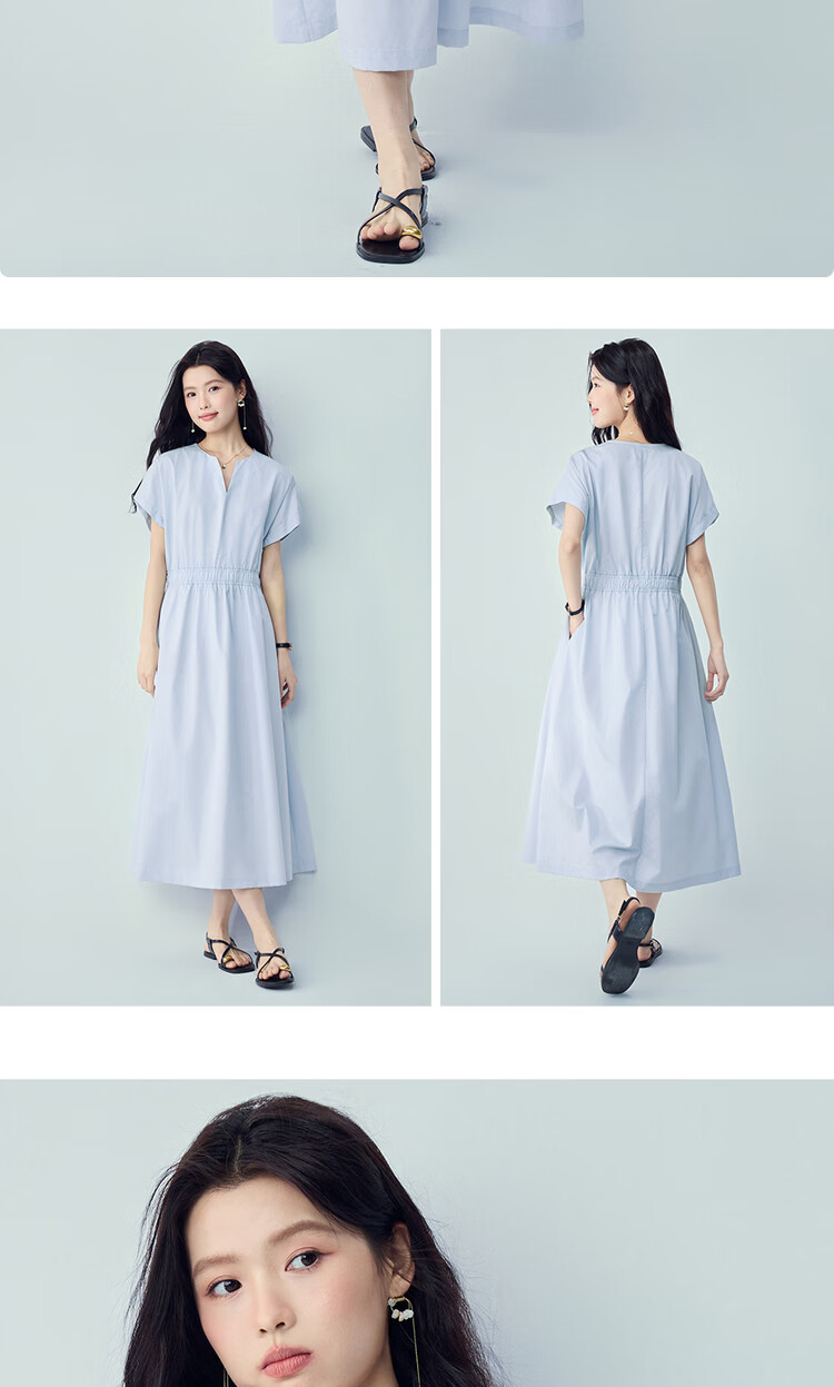 Giordano Minimalist Style Women's Summer New Pure Cotton Elastic Waist V-Neck Short Sleeve Dress 05466343 13