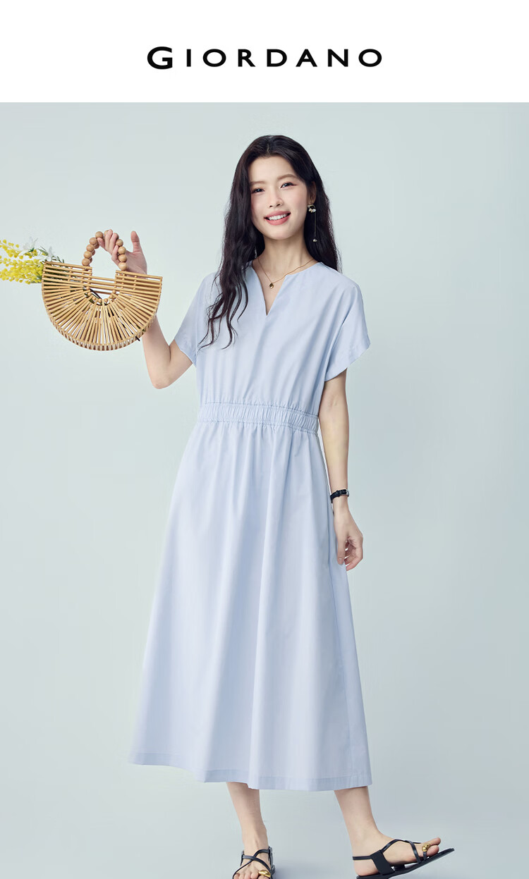 Giordano Minimalist Style Women's Summer New Pure Cotton Elastic Waist V-Neck Short Sleeve Dress 05466343 3