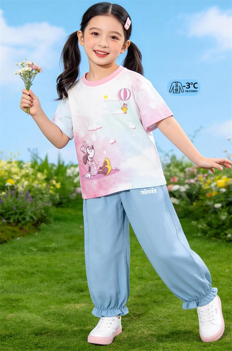 Disney Spring Summer New Girls Ice Cool Short Sleeve T-Shirt Lightweight Breathable Anti-Mosquito Long Pants Casual Set Pastel Color 100 2