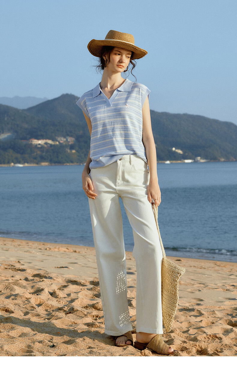 Olrain Summer New Polo Collar Color-Block Embroidered Lightweight Striped Pullover Knitwear for Women Blue Stripes L 5