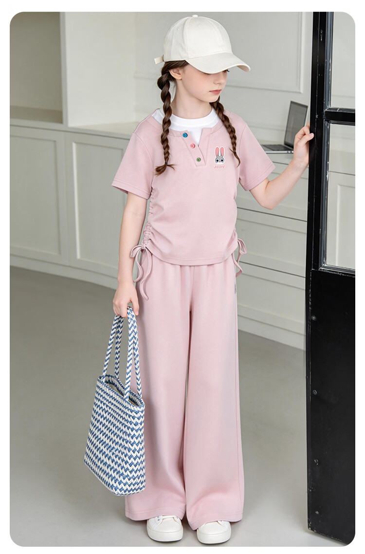 Disney Girls Judy Drawstring T-Shirt Set Summer Round Neck Short Sleeve Wide Leg Pants Two-Piece Casual Outfit Pink Size 150 15
