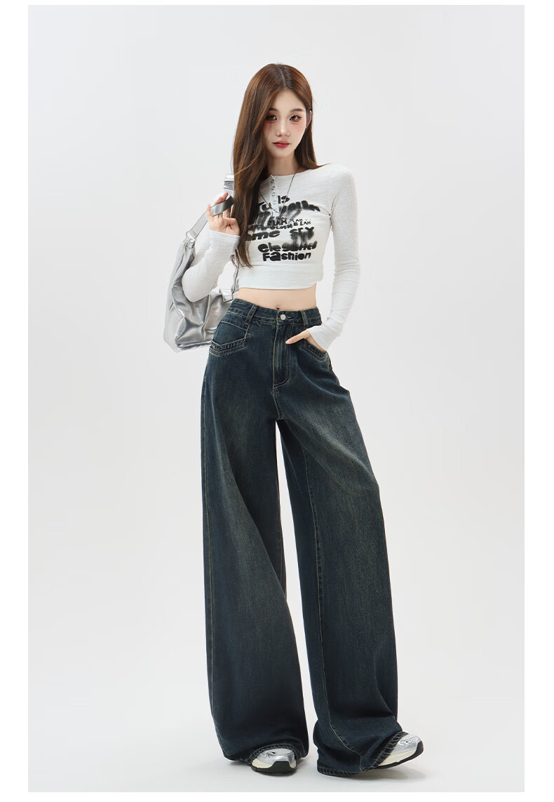 Romon High Waist Wide Leg Jeans Women American Vintage Loose Flared Pants Retro Blue M 12