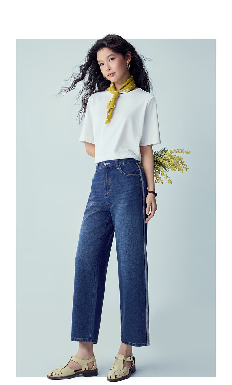 Giordano 2026 Summer New Cat Whisker Color-Block Side Mid-Rise Straight-Leg Cropped Jeans for Women 13426336 16