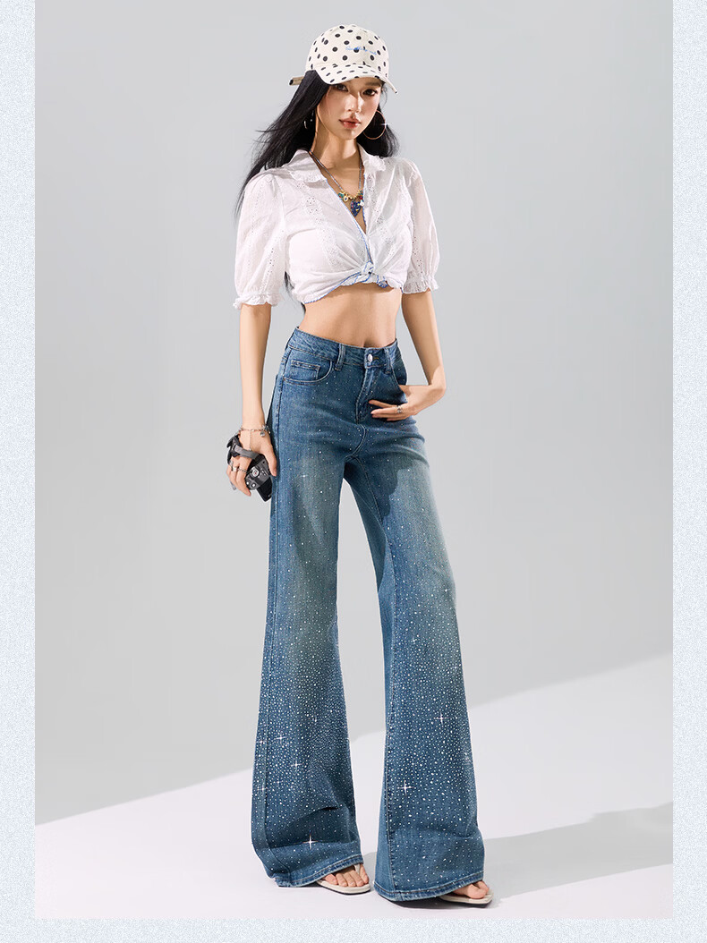 Langsha Starry Sky Rhinestone Denim Jeans Women Spring Summer High Waist Wide Leg Slim Flare Design Loose Casual Pants Female 17