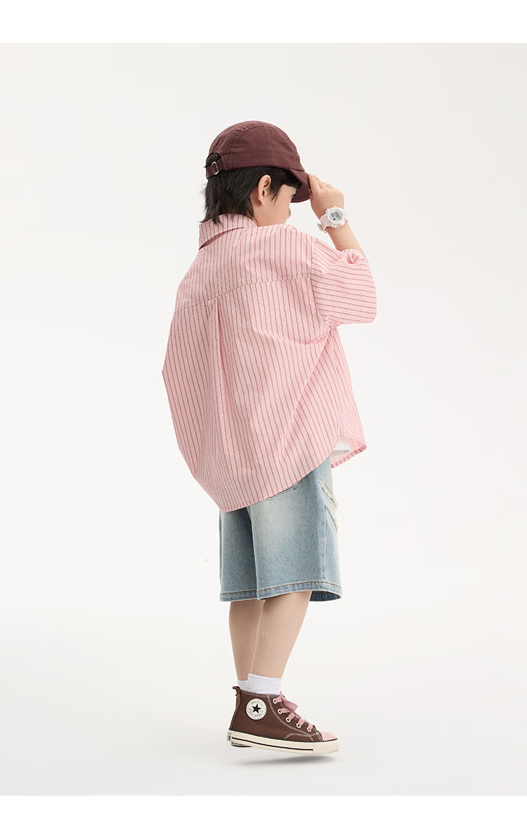 Paitown Boys' Shirt 2026 Summer New Children's Striped Loose Short Sleeve Shirt for Big Kids Trendy 13