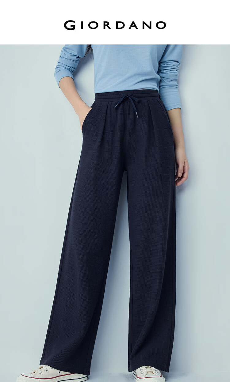 Giordano Women's Waffle Knit Loose Fit Sweatpants with Pleats, Drawstring Elastic Waist Casual Wide Leg Pants 13416251 3