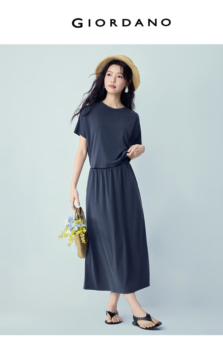 Giordano Minimalist Style Women's Summer New Fake Two-Piece Waist-Cinching Round Neck Short Sleeve Dress 05466457 3