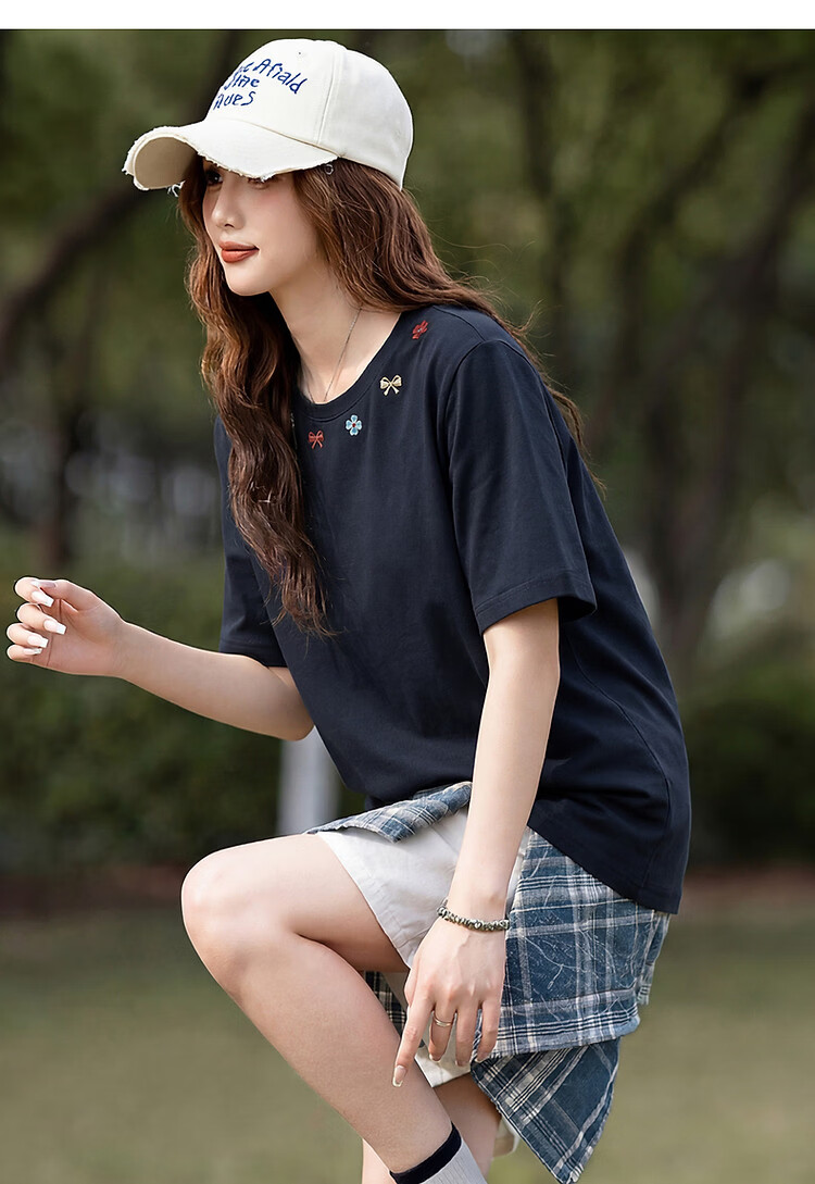 TonLion 2026 Summer New Women's Short Sleeve T-Shirt Round Neck Navy Blue Pure Cotton Unique Design Shoulder Top Trend 10