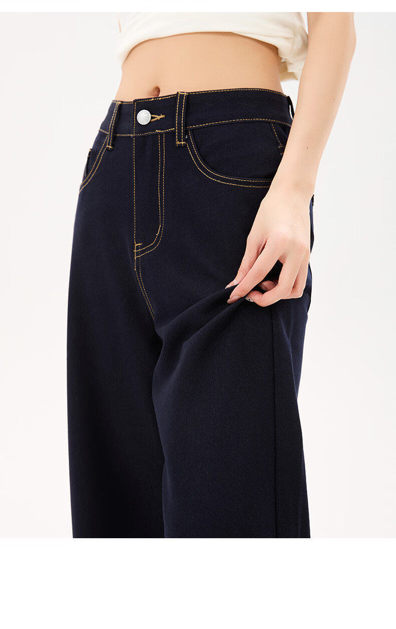 Langsha Women's 9/10 Length Dark Blue High-Waist Stretch Slim Fit Flowing Wide-Leg Denim Jeans Summer Casual Straight Pants 19