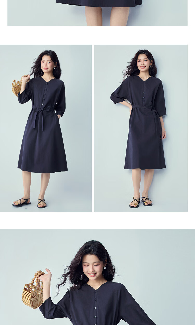 Giordano Women's New Pure Cotton Commuter Tie-Waist V-Neck Raglan Three-Quarter Sleeve Dress 13466235 16