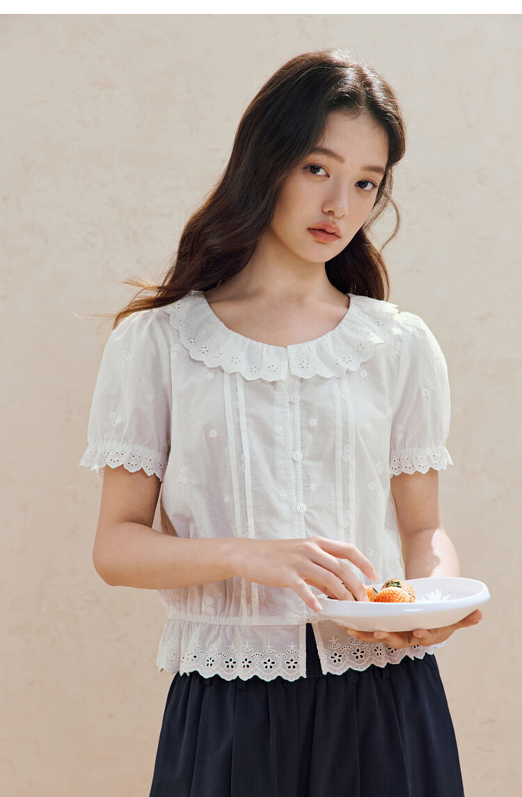 INMAN INMAN [Runway Style] Puff Sleeve Lace Peter Pan Collar Blouse, Summer 2026, Pure Cotton Short Sleeve, White, Size L 26