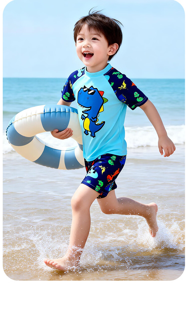 9i9 Kids Swimwear Boys Cartoon Dinosaur Sun Protection Three-Piece Set with Hooded Swim Shorts B137 Blue 2XL 11