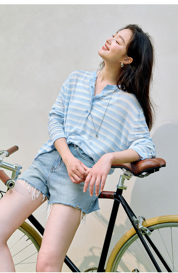 Inman [Linen Tencel] Henry Collar Striped Knit Top Summer New Women's Nautical Style Pullover Klein Blue M 20