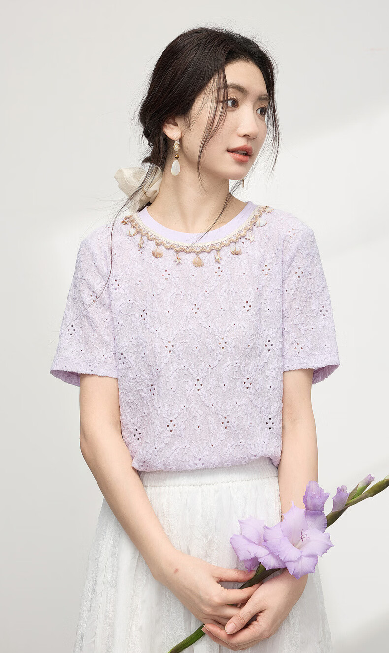 Sllsky Bohemian Heavywork Hollow-out Short Sleeve T-shirt Women Summer 2026 New Elegant Shell Strap Crew Neck Top 5