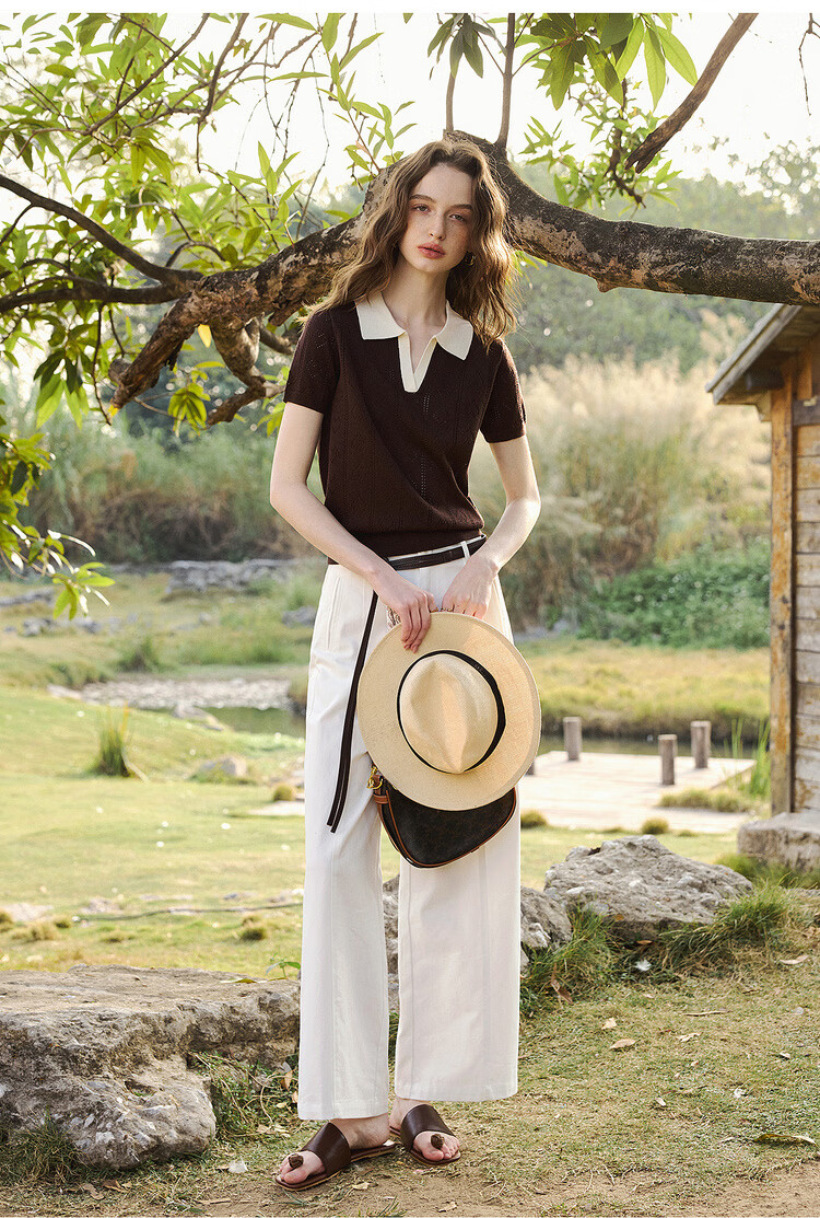 Olrain Colorblock Polo Collar Knit Pullover Women's Summer New Simple Commuter Top Brown M 7