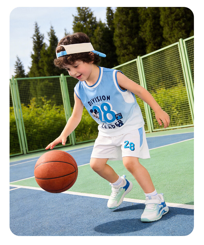 Disney Mickey Basketball Jersey Summer New Boys' Sleeveless Breathable T-Shirt Short Tennis Soccer Shirt Sky Blue 130 16