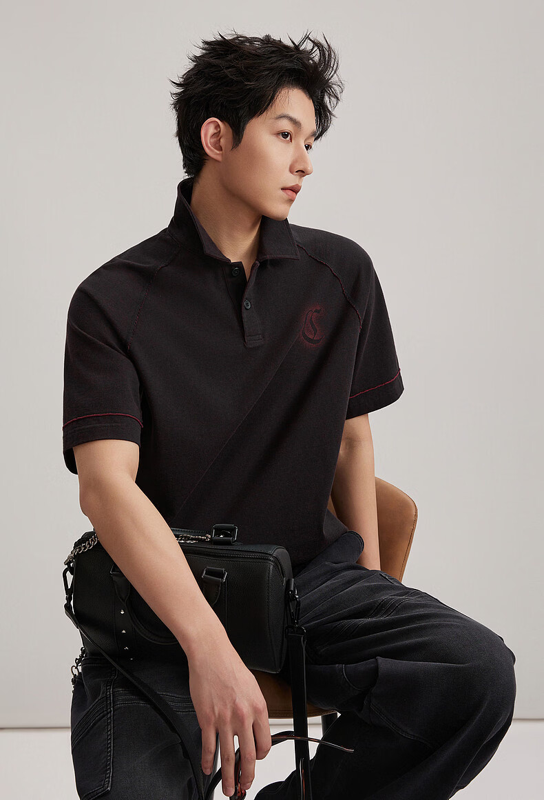CABBEEN 100% Cotton Two-Tone Polo Shirt Men Low Saturation Vintage Burgundy 2026 Summer Breathable Short Sleeve Polo Shirt 2