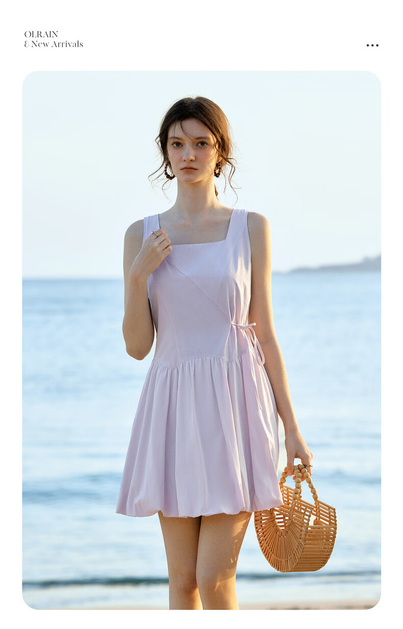 Olrain European Style Summer New French Gentle Short Dress Unique Waist Slimming Sleeveless Bubble Dress Purple XL 2