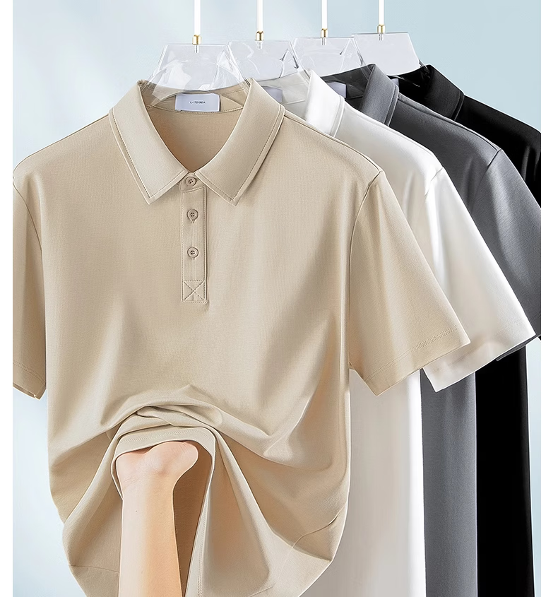 ROMON Men's Liquid Ammonia Mercerized Cotton Polo Shirt Short Sleeve Summer High-End Business Casual T-Shirt Khaki 2XL 6