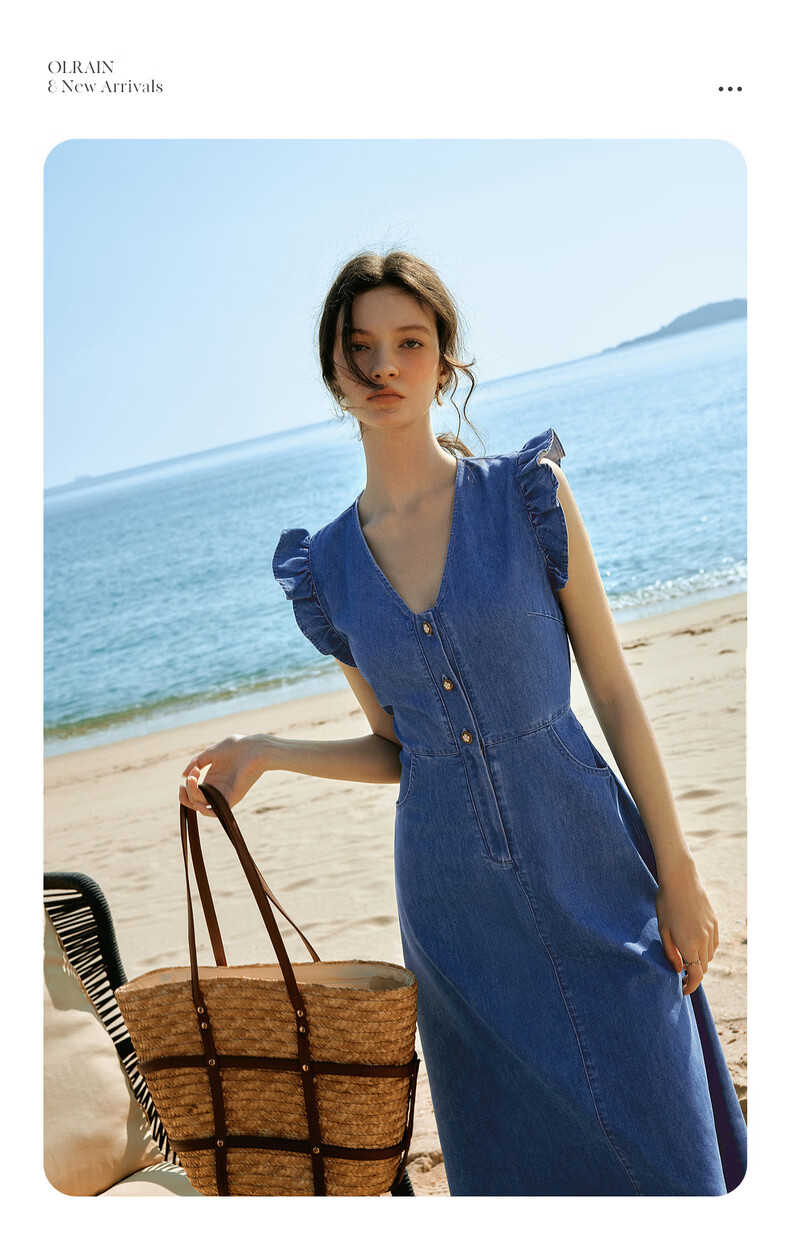 Olrain Eurielle Summer New French Vintage Denim Waist-Slimming Versatile Casual Dress Denim Blue M 2
