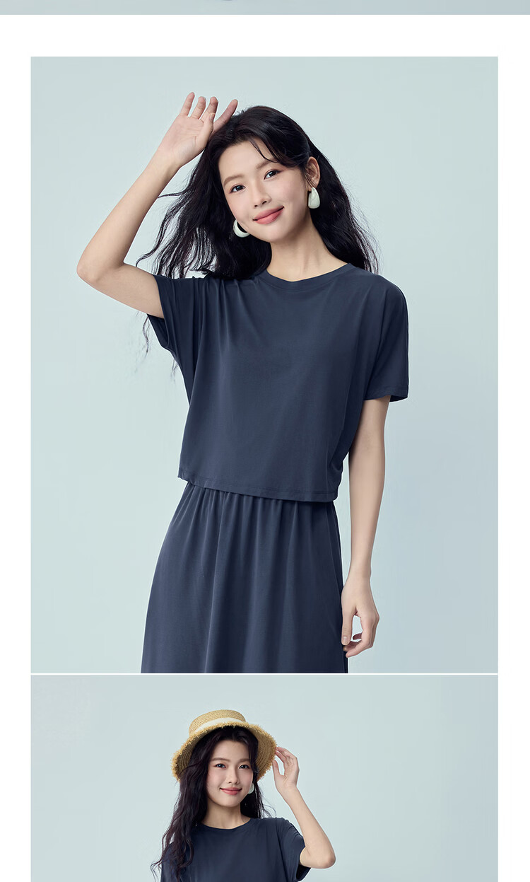Giordano Minimalist Style Women's Summer New Fake Two-Piece Waist-Cinching Round Neck Short Sleeve Dress 05466457 14