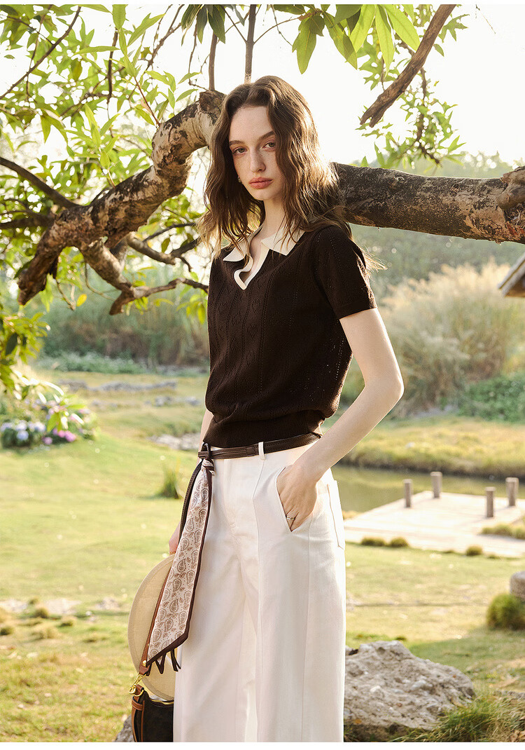 Olrain Colorblock Polo Collar Knit Pullover Women's Summer New Simple Commuter Top Brown M 21