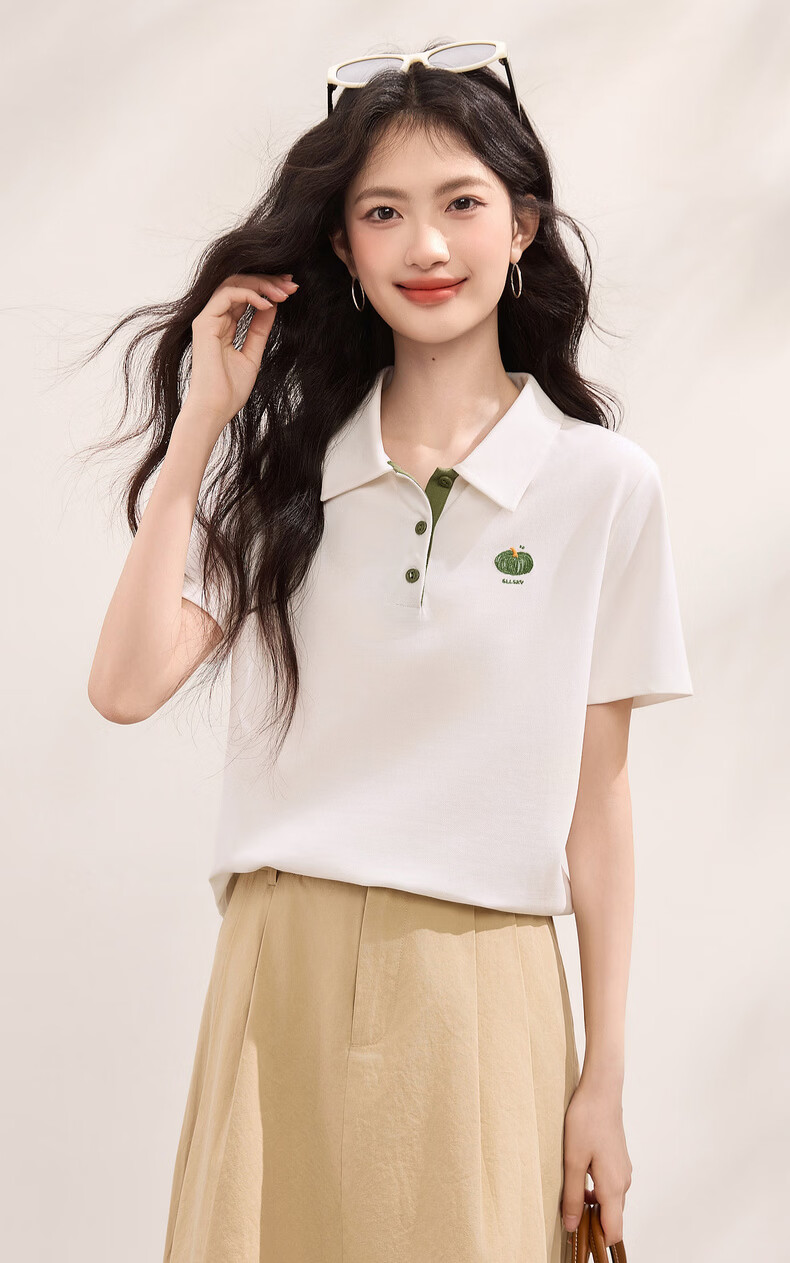 Sllsky Casual Polo Collar Short Sleeve Women's T-Shirt 2026 Summer New Versatile Fashion Embroidered Shoulder Tee 8