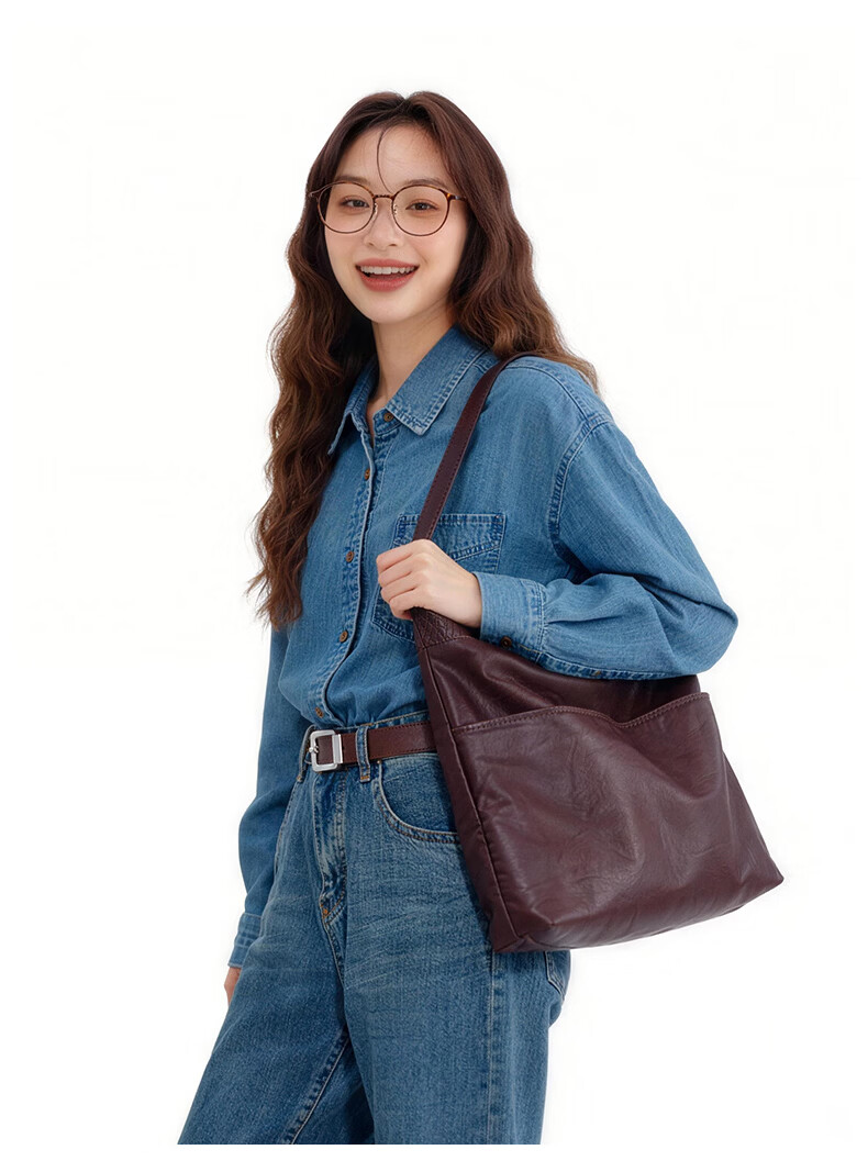 Mishi 2026 New Large Capacity Commuter Tote Bag Simple Casual Shoulder Bag Lambskin Women's Bag Brown 10