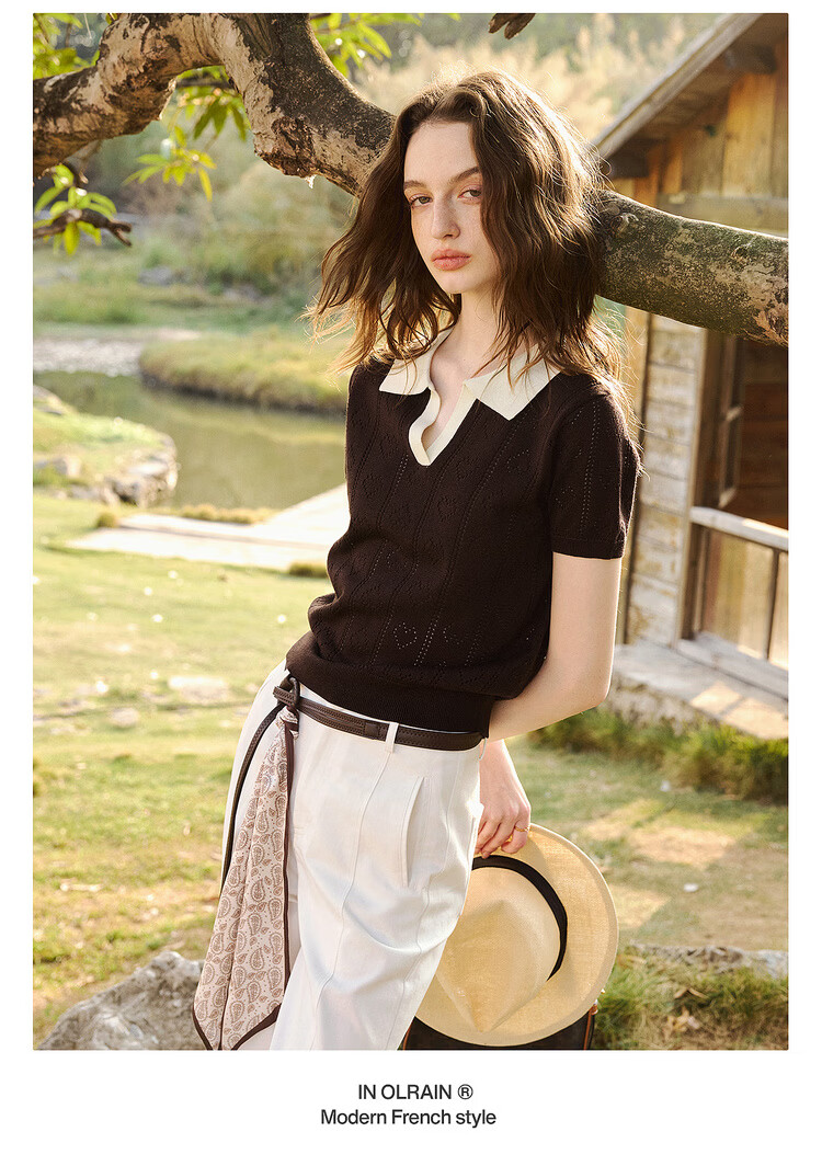 Olrain Colorblock Polo Collar Knit Pullover Women's Summer New Simple Commuter Top Brown M 3