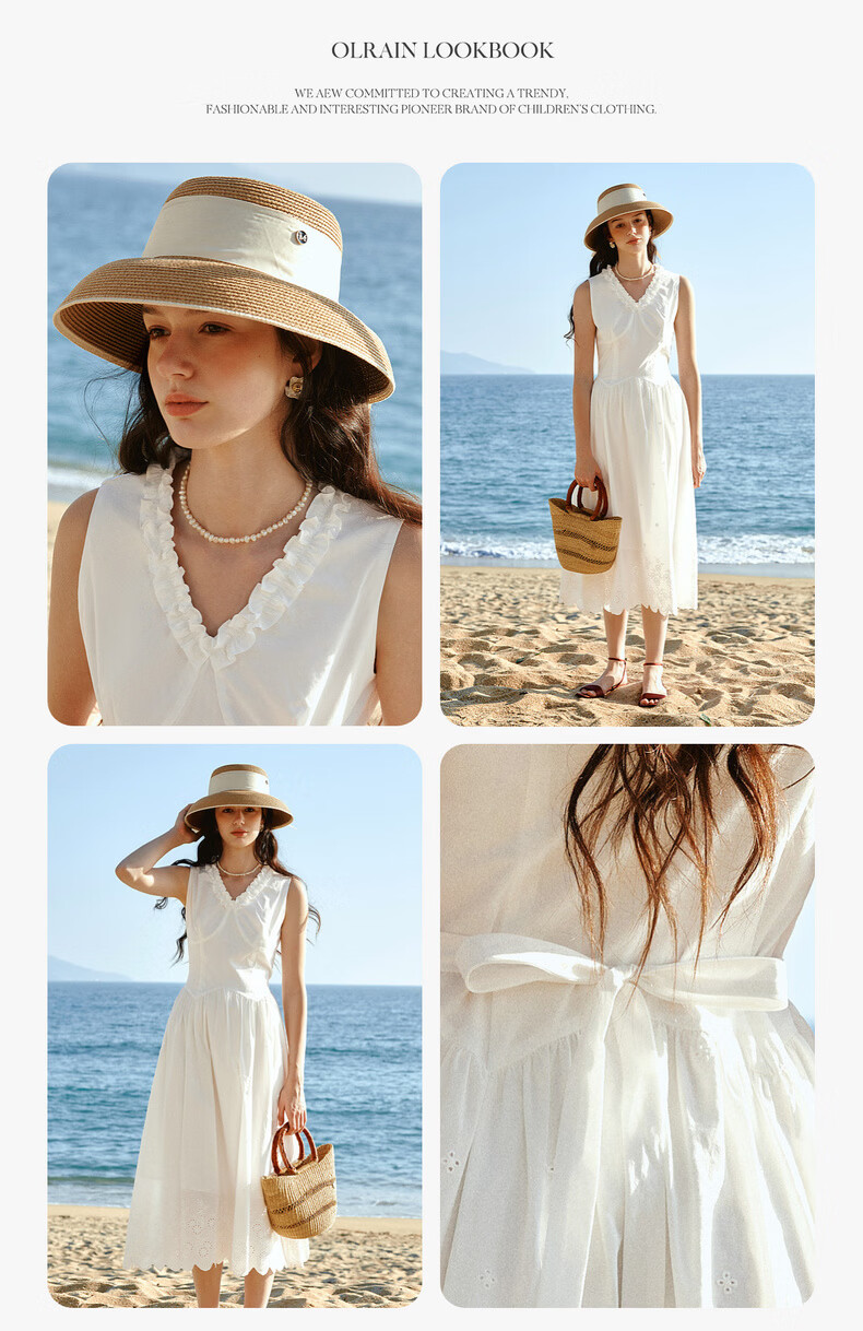 Olrain European Style Summer New French V-Neck Slim Fit Vest Dress for Women Mid-Length Dress Off-White XL 6