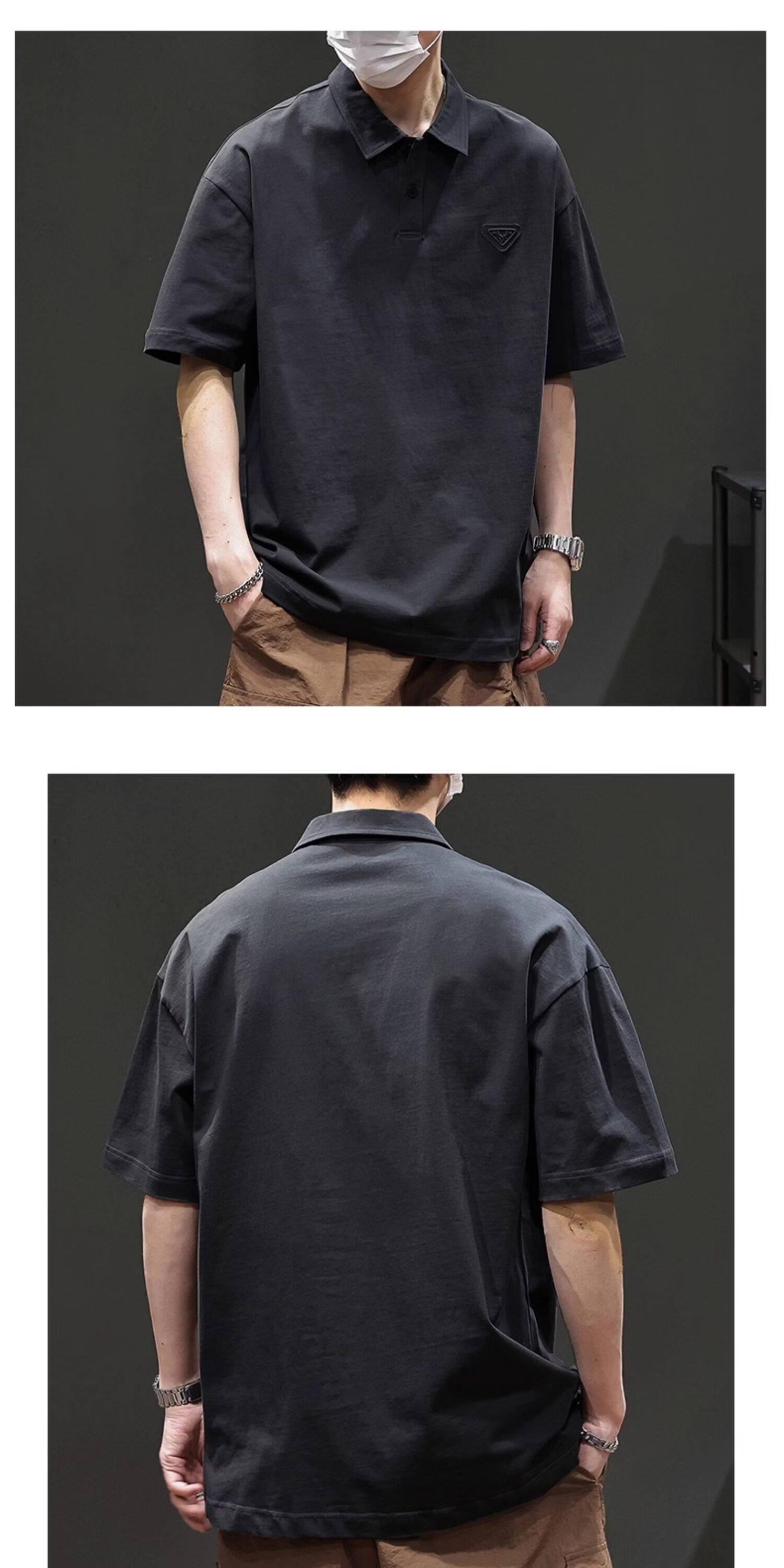 ROMON American Vintage Cotton Short Sleeve T-Shirt Men's Summer Heavyweight Casual Versatile Polo Shirt Black XL 20