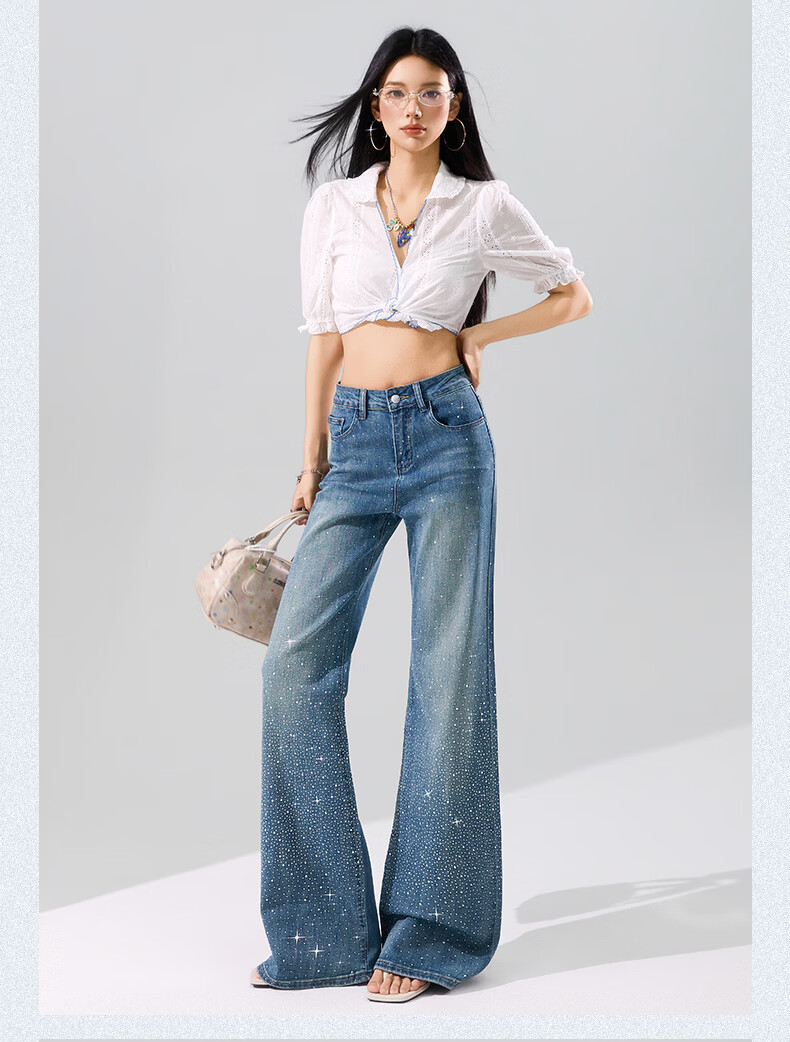 Langsha Starry Sky Rhinestone Denim Jeans Women Spring Summer High Waist Wide Leg Slim Flare Design Loose Casual Pants Female 15