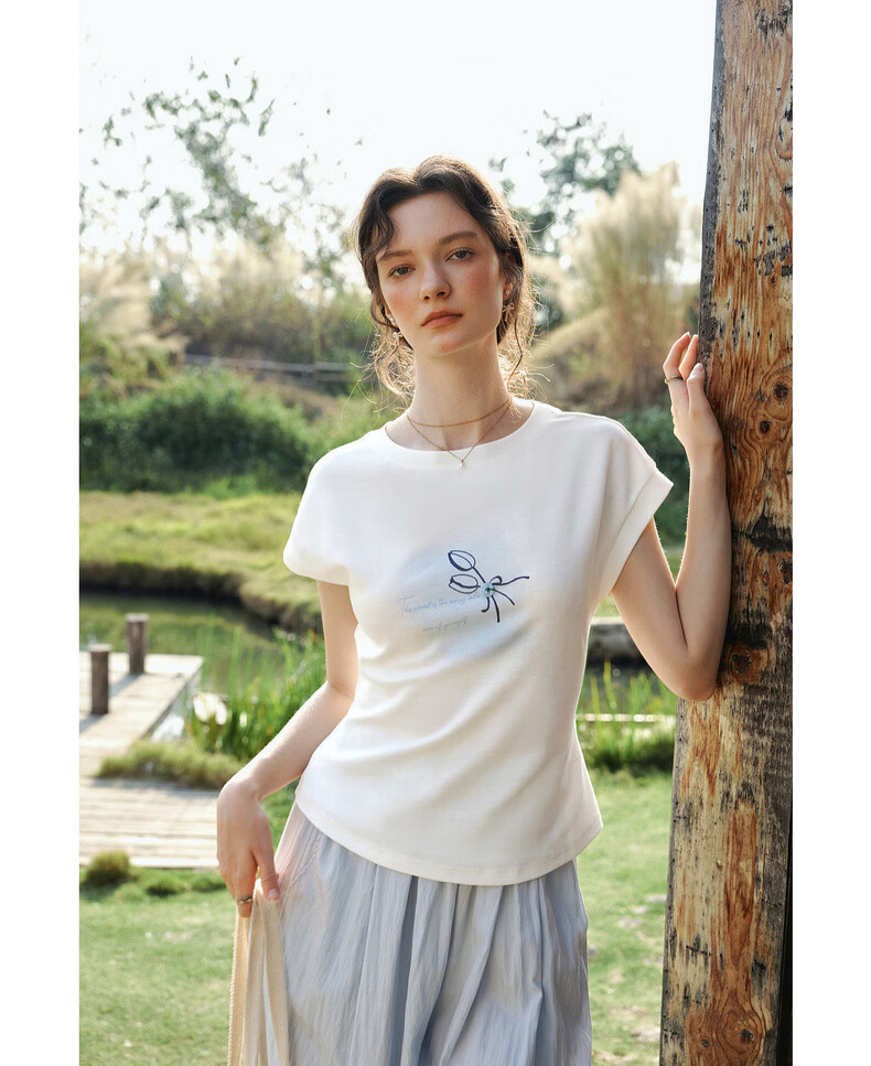 Olrain Eurier Printed Button Sleeve Top New Summer Women's White Casual Commuter Short Sleeve T-Shirt White M 18
