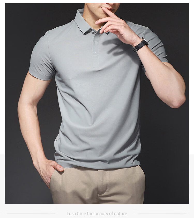 ROMON Short Sleeve Polo Shirt Men's Summer Business Casual Cool Breathable Ice Silk Top Medium Gray XL 17