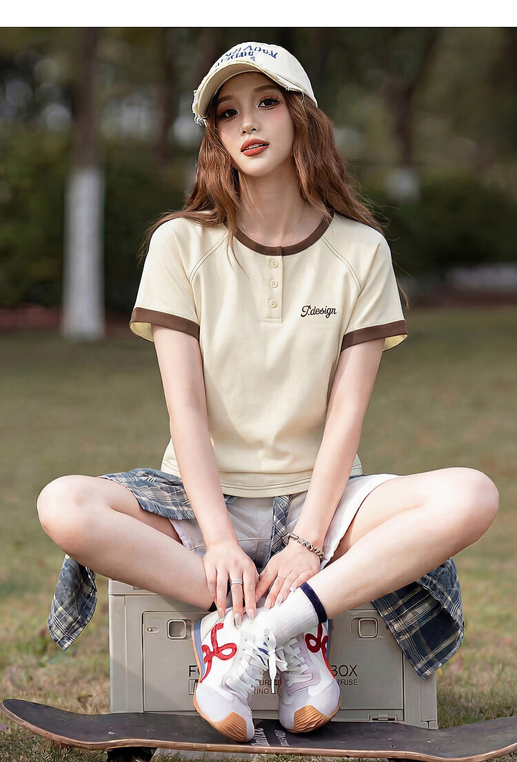 TonLion 2026 Summer Women's Colorblock Mid-Length Short Sleeve T-Shirt Navy Blue L 11