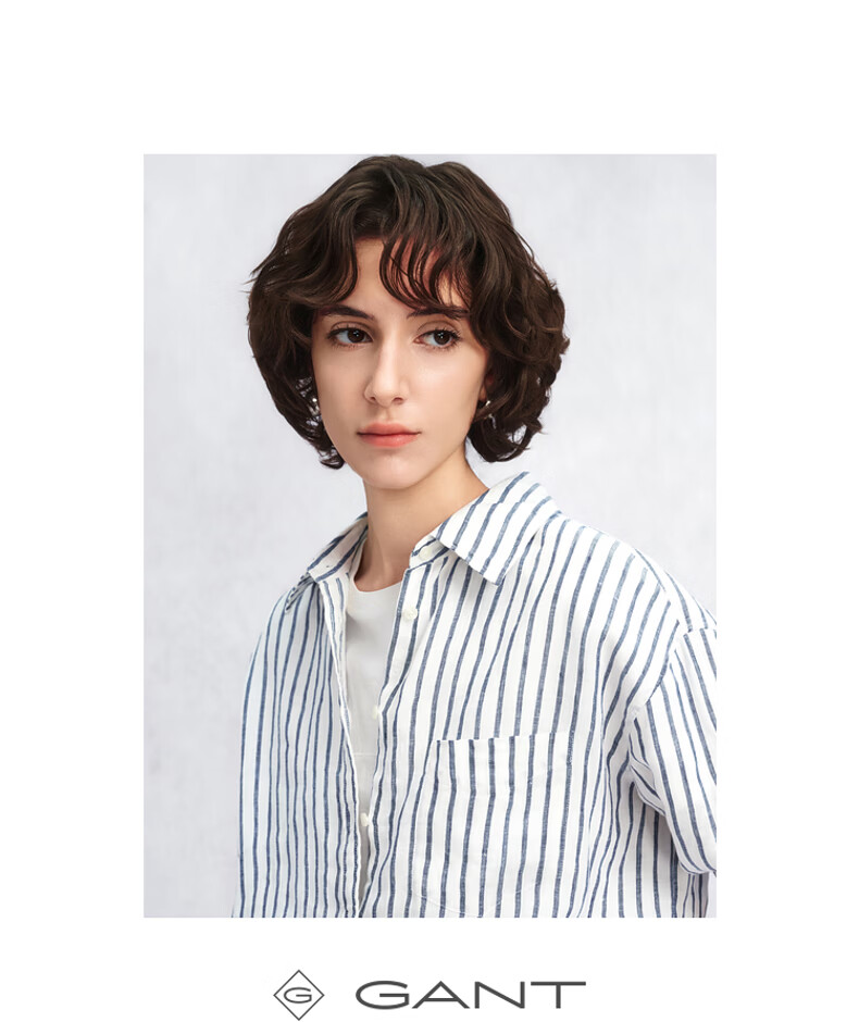 GANT Women's Spring Summer Pure Linen Striped Vintage American Style Long Sleeve Shirt 409-Navy Blue White Stripes M 4