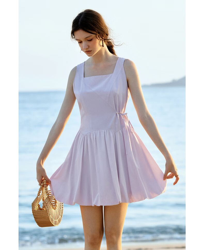 Olrain European Style Summer New French Gentle Short Dress Unique Waist Slimming Sleeveless Bubble Dress Purple XL 13