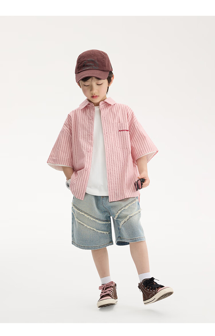 Paitown Boys' Shirt 2026 Summer New Children's Striped Loose Short Sleeve Shirt for Big Kids Trendy 12