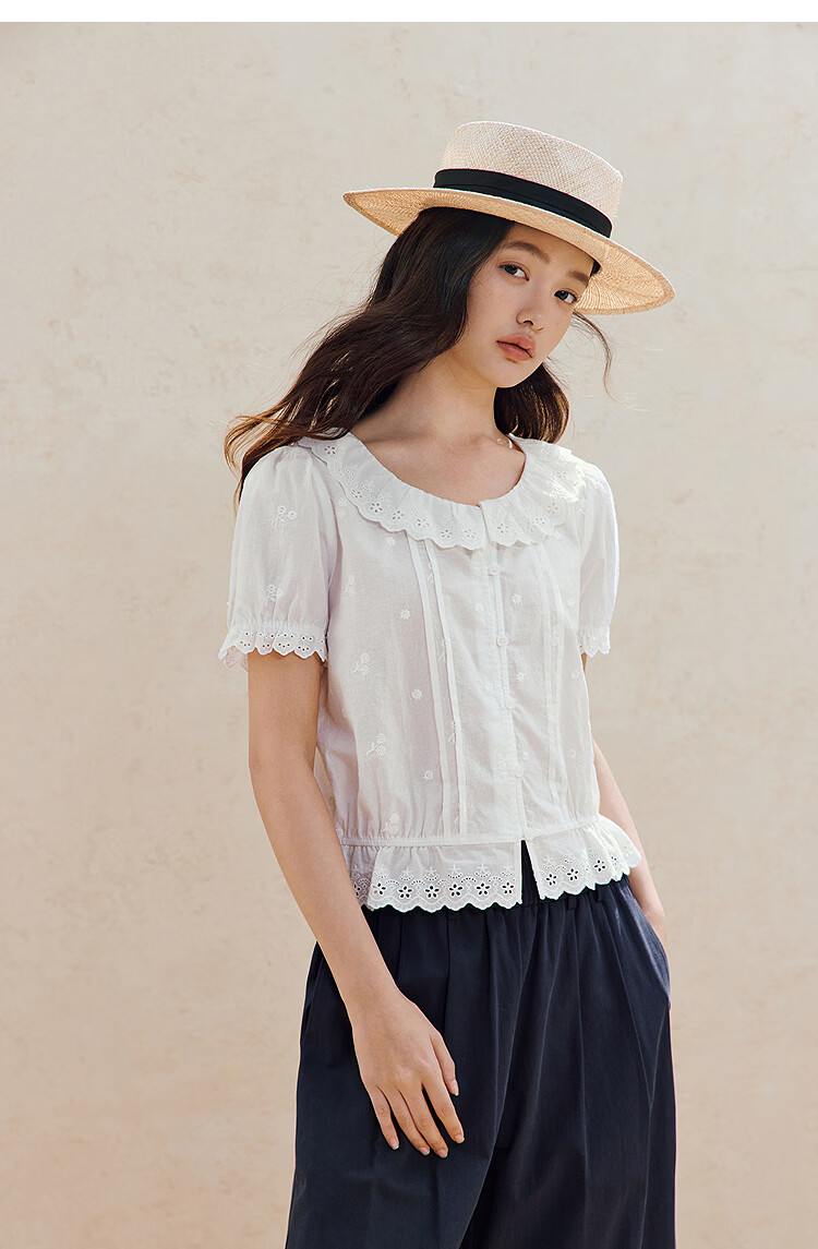 INMAN INMAN [Runway Style] Puff Sleeve Lace Peter Pan Collar Blouse, Summer 2026, Pure Cotton Short Sleeve, White, Size L 22