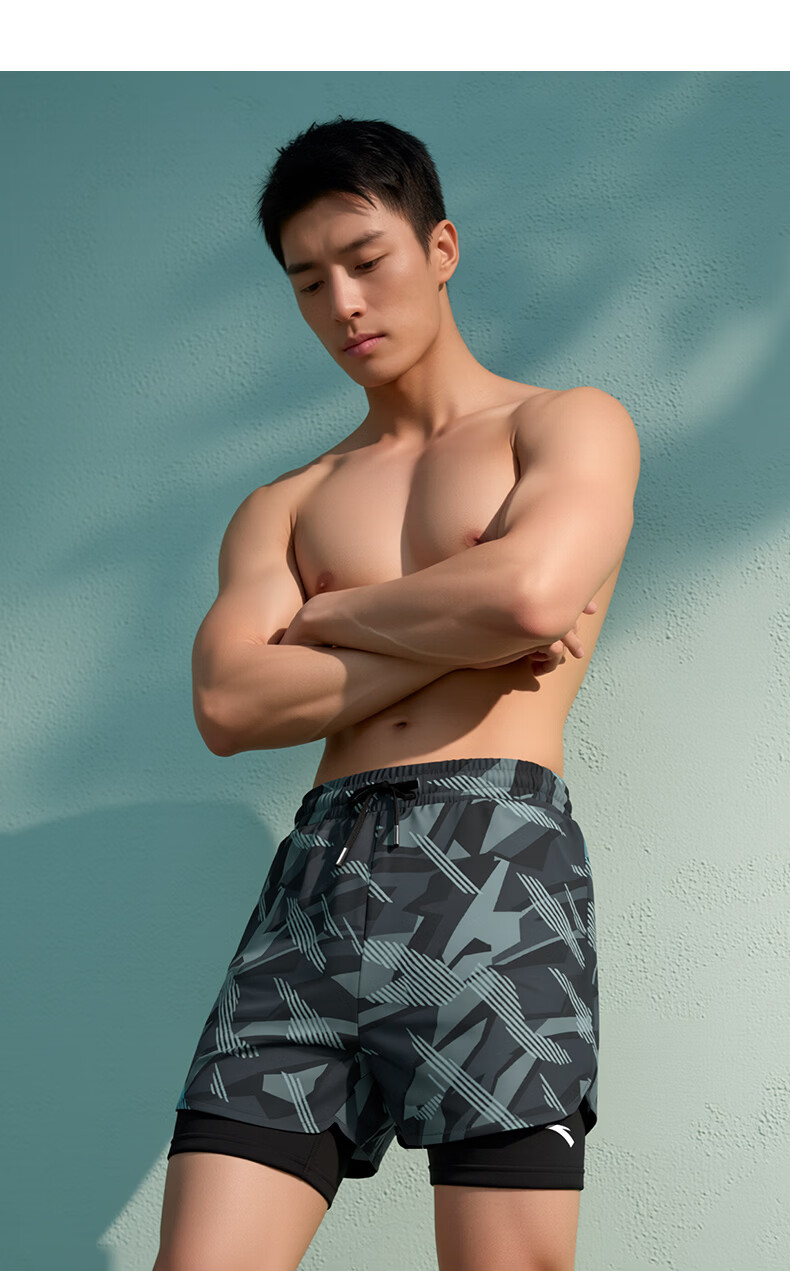 ANTA Men's Quick-Dry Loose-Fit 5-Inch Swim Trunks Dual-Layer Beach and Water Shorts Gray 2XL 16