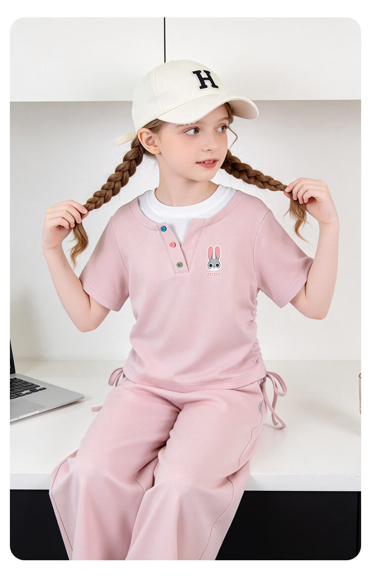 Disney Girls Judy Drawstring T-Shirt Set Summer Round Neck Short Sleeve Wide Leg Pants Two-Piece Casual Outfit Pink Size 150 16