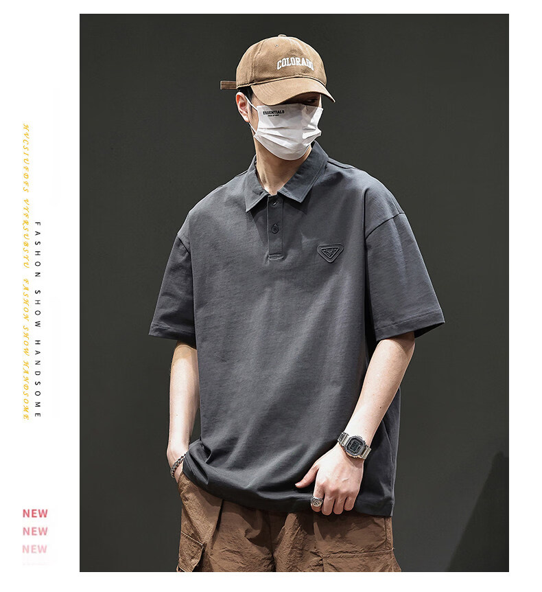 ROMON American Vintage Cotton Short Sleeve T-Shirt Men's Summer Heavyweight Casual Versatile Polo Shirt Black XL 14