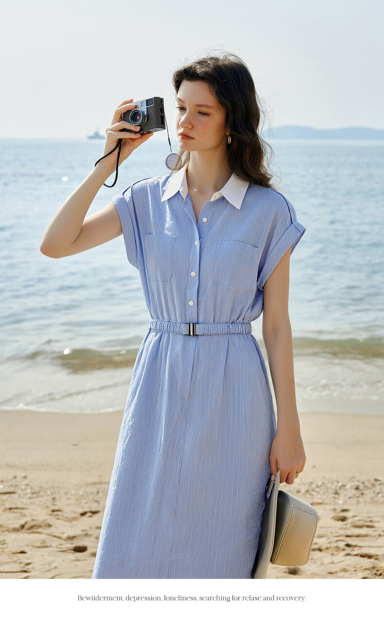 Olrain European Style Summer French Commuter Striped Shirt Dress Waist Slimming Elegant Short Sleeve Dress Blue S 9