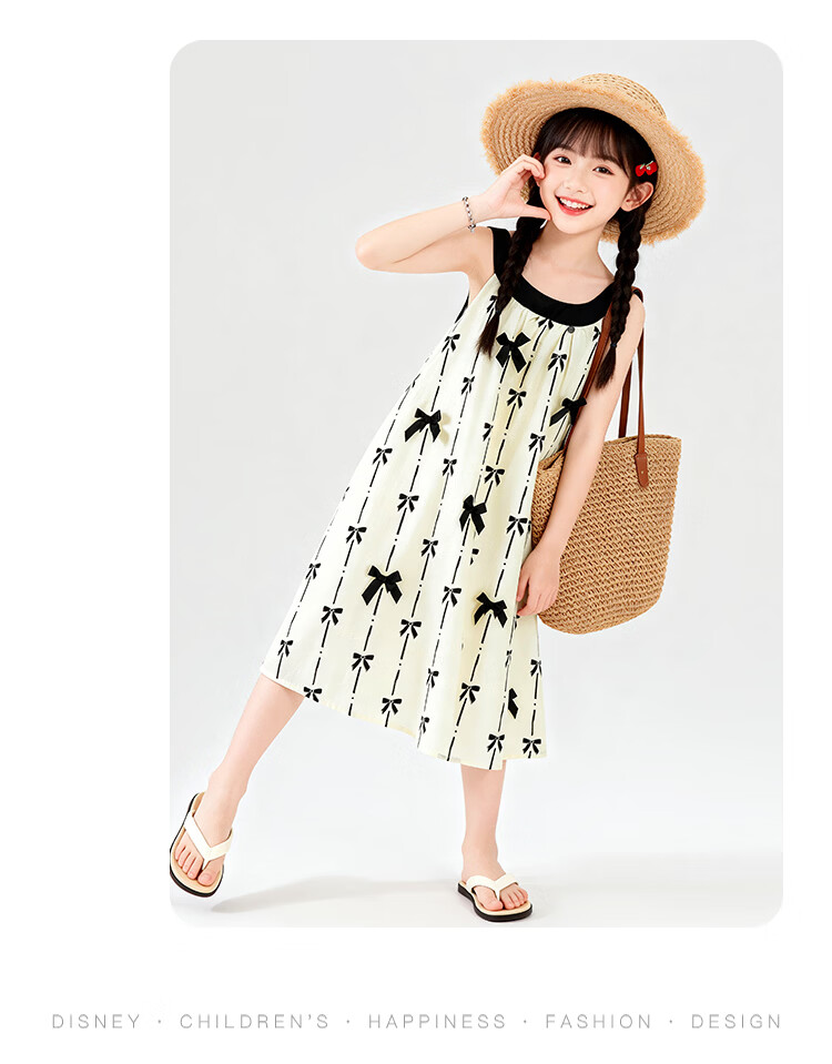 Disney Girls' Bowknot Strap Dress Summer Cotton Vacation Style Sleeveless A-Line Dress for Big Kids 120 15