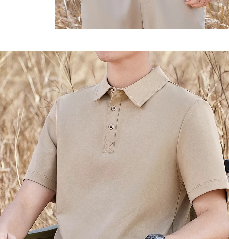 ROMON Men's Liquid Ammonia Mercerized Cotton Polo Shirt Short Sleeve Summer High-End Business Casual T-Shirt Khaki 2XL 17