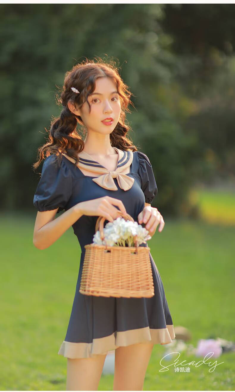 学院风泳衣 洛丽塔少女jk泳装水手服学院风复古显瘦遮肚温泉保守游泳