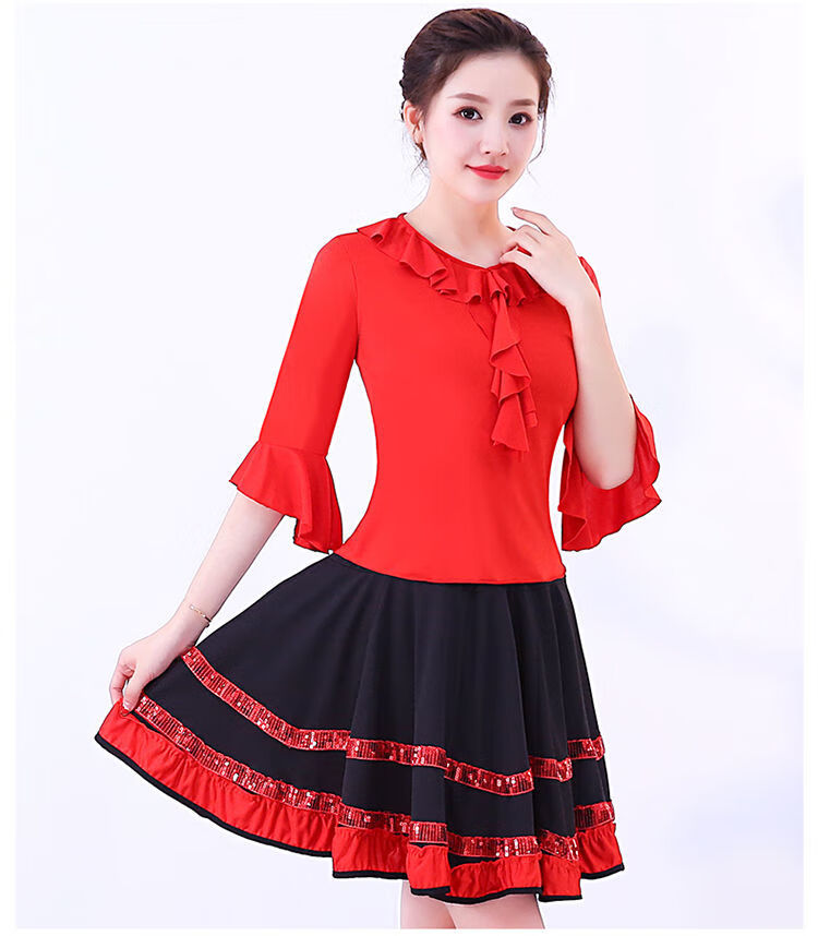 广场舞服装套装新款女夏季开场舞大摆裙中老年跳舞上衣红色演出服专营