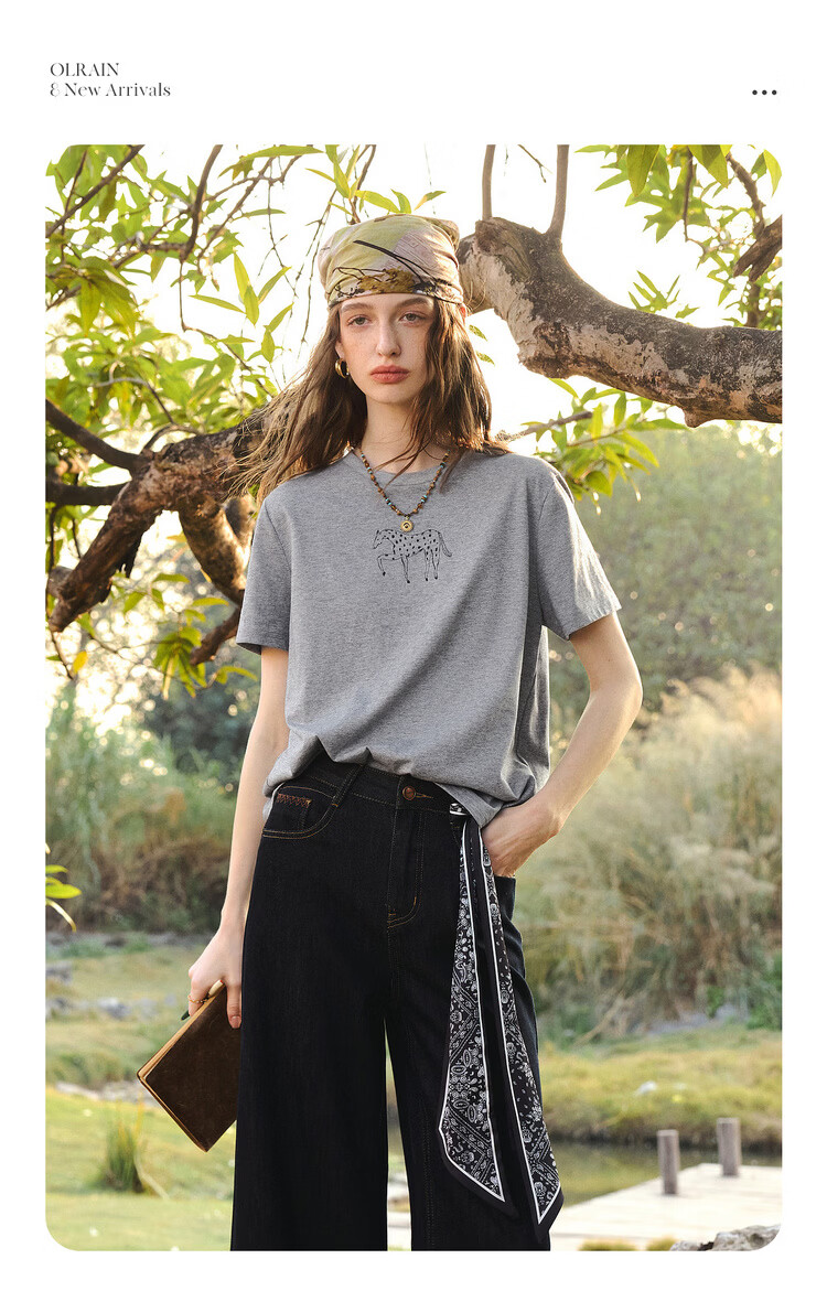 Olrain Summer New Pure Cotton Casual Loose Women's Printed Design Commuter Short Sleeve T-Shirt Black XL 3