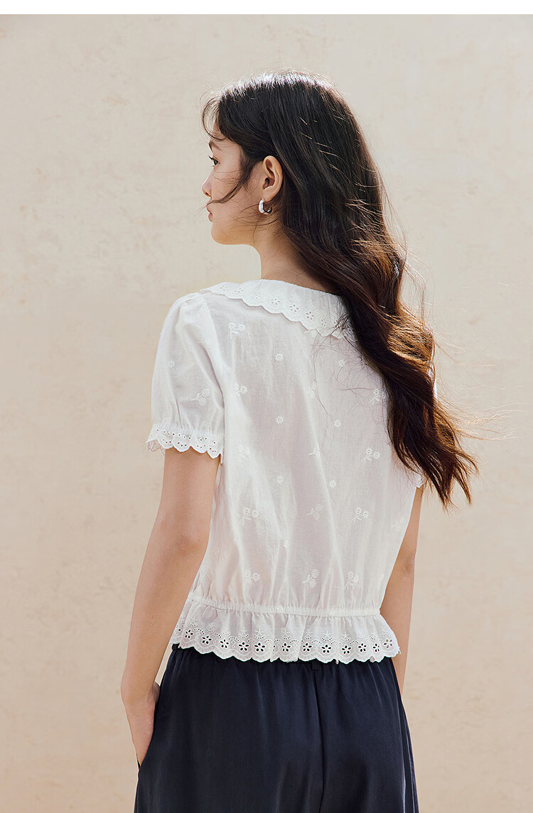 INMAN INMAN [Runway Style] Puff Sleeve Lace Peter Pan Collar Blouse, Summer 2026, Pure Cotton Short Sleeve, White, Size L 27