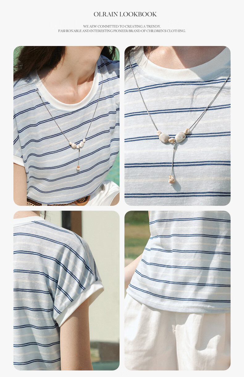 Olrain Summer New Blue and White Color Block Striped Loose Casual Commuting Short Sleeve T-Shirt for Women Striped L 6